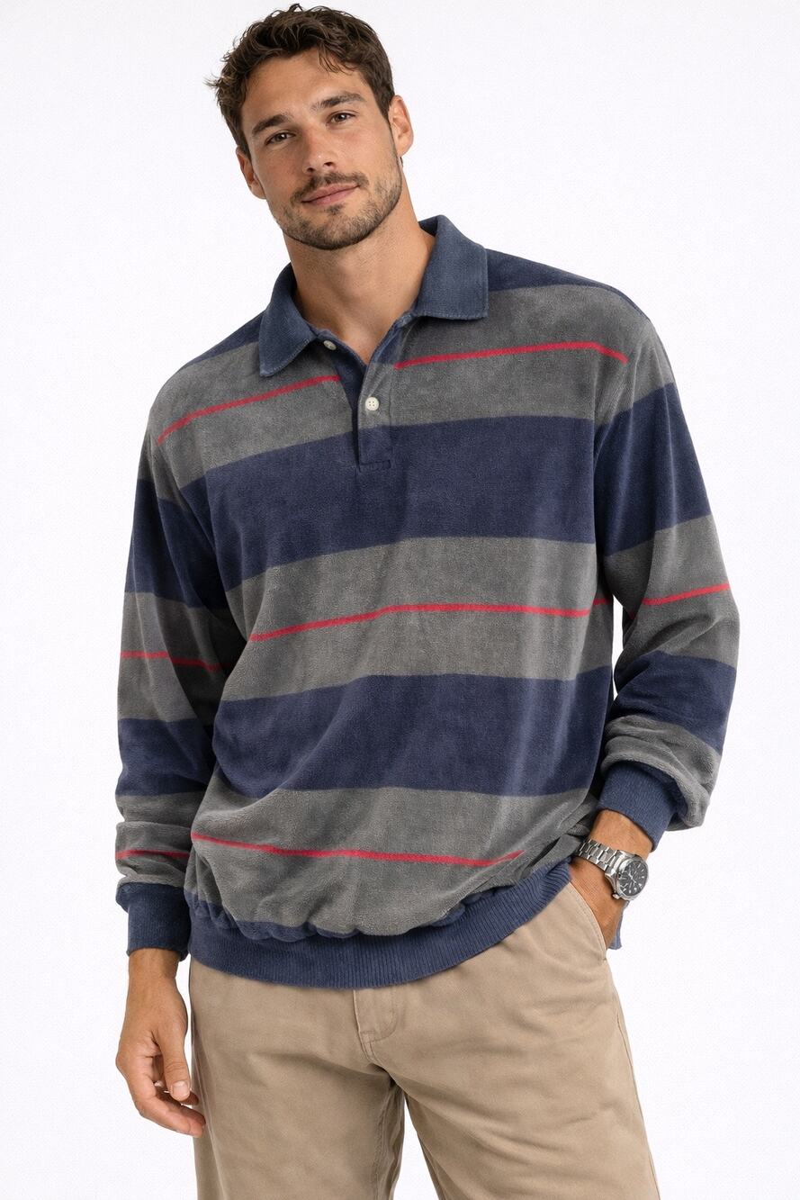 Vintage Patrick Velour Polo Shirt Mens Medium Blue Gray Striped Long Sleeve USA